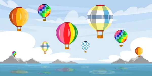 Εικονογράφηση Διάνυσμα Ενός Όμορφου Τοπίου Αερόστατα Γελοιογραφία Σκηνή Πολύχρωμα Μπαλόνια Royalty Free Διανύσματα Αρχείου