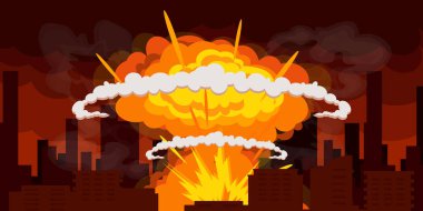 Nükleer patlama ile şehir manzarasının vektör çizimi. Gökdelenleri, parlak sarı-turuncu alevleri ve patlamadan çıkan dumanlarla dolu modern bir şehrin karikatür sahnesi. Tehlikeli bir patlama..