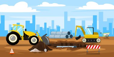 Boru döşeme işleminin vektör çizimi. Döşeme borularının karikatür sahnesi: kazıcı, traktör, kürek, el arabası, borulu çukur, sinyal konisi, ev siluetleri.