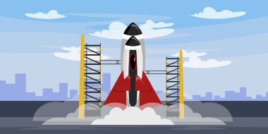 Çizgi film tarzında bir roket fırlatma şehrinin vektör çizimi. Bir uzay roketinin fırlatıldığı karikatür sahnesi, pencereli bir uzay roketi, duman bulutları, kirişli bir fırlatma makinesi ve modern binalar..