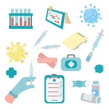 Çizgi film tarzında tıbbi ekipmanlar. İlaç örnekleri, kan test tüpleri, aşı, şırınga, bakteri, tıbbi not defteri, maske, ilk yardım çantası..