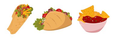 Çizgi film tarzında lezzetli Meksika yemekleri. Beyaz arka planda taco, burrito ve nachos örnekleri.