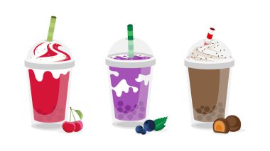 Çizgi film tarzında renkli milkshake seti. Yazın, kirazlı, yaban mersinli ve beyaz arka planda çikolatalı ferahlatıcı içeceklerin vektör çizimi.