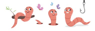 Vector illustration of cute and beautiful worms on white background. Charming characters in different poses sit on branches, crawling out of the ground, scared of fishing hooks in cartoon style. clipart