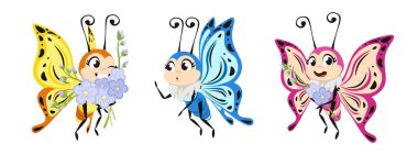 Beyaz arka planda sevimli ve güzel kelebeklerin temsili. Farklı pozlardaki çekici karakterler çiçeklerle mutlu uçar, çizgi film tarzına şaşırırlar..