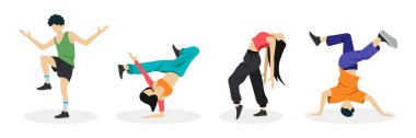 Modern dansa karikatür tarzında dahil olan bir grup insan. Hip-hop tarzında dans eden erkeklerin ve kızların vektör çizimi, caz modern, break dans, beyaz arka planda ev.