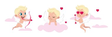 Beyaz arka planda sevimli ve güzel cupidlerin vektör çizimi. Büyüleyici muhteşem karakterler aşkın yayından fırlar, bulutların üzerinde uyur, çizgi film tarzında sevgi dolu gözlerle uçar..