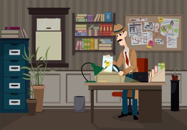 Karakoldaki bir dedektifin vektör çizimi. Dedektif çizgi film karakteri kanıt arıyor. Masası, gardırobu, kitaplığı, notları ve haritası olan dedektif odası..