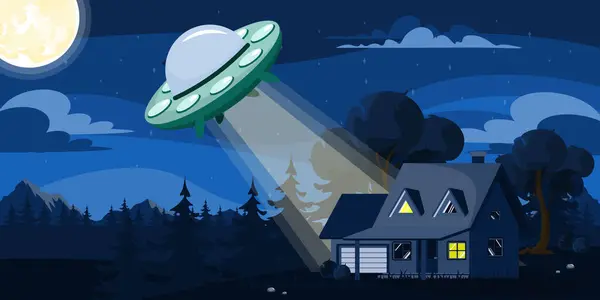 Vector Illustration Night Landscape Alien Ufo Cartoon Scene House Forest — Stock Vector