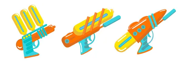 Zestaw Pięknych Kolorowych Pistoletów Wodnych Kreskówkowym Stylu Ilustracja Wektorowa Zabawek — Wektor stockowy