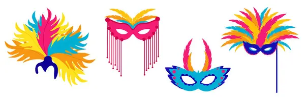 漫画スタイルの美しいカラフルなカーニバルマスクのセット ホワイトバックのパーティーや休日のためのフェイスマスクのベクトルイラスト — ストックベクタ