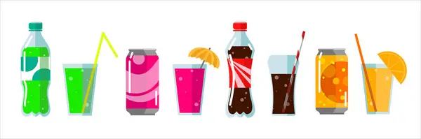 Set Refreshing Soda Cartoon Style Vector Illustration Summer Drinks Bottle — Stock Vector
