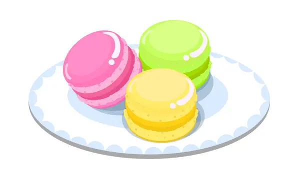 Vektorillustration Von Köstlichen Bunten Macarons Köstliches Essen Auf Tellern Süßigkeiten — Stockvektor