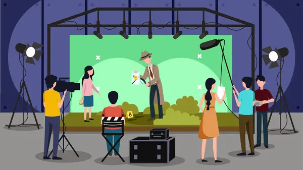 İlginç bir dedektif filminin vektör çizimi. Ekip, oyuncular, sahne, kamera ve ışıklandırmayla karikatür çizimi.