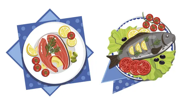 Set Delicious Food Fish Cartoon Style Vector Illustration Salmon Lemon — Stock Vector