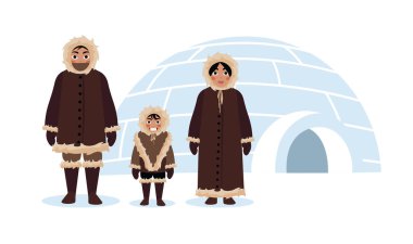 Beyaz üzerinde şirin Eskimo ailesinin vektör çizimi. Karikatür tarzında buz kalıplarından yapılmış bir igloo kulübesinde sıcak kış kıyafetleri giymiş bir erkek, kadın ve çocuğun kutup karakterleri..