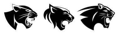 Beyaz bir arka planda izole edilmiş avcı siluetleri. Kedi ailesinin reisinin grafik siluetinin vektör çizimi: panter, çita, karikatür tarzında jaguar. Logo tasarımı.