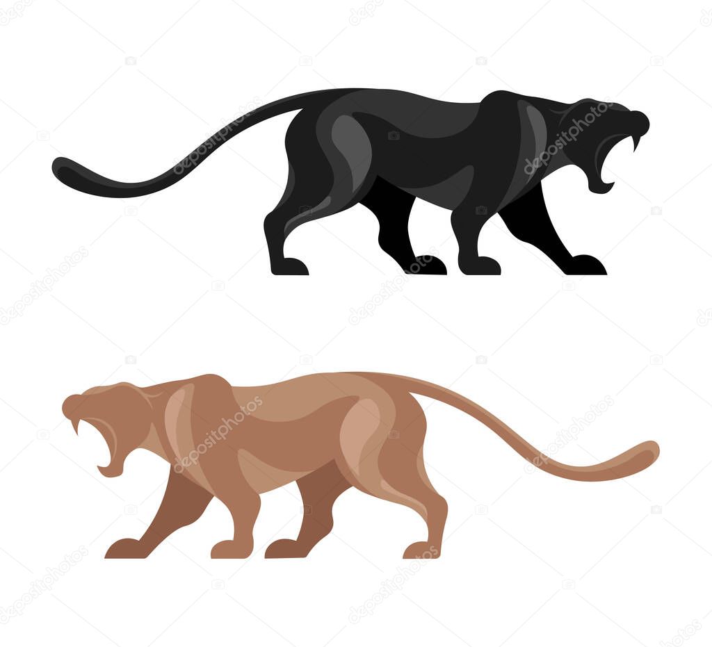 Vector illustration of a panther isolated on a white background. Charming brown and black panther characters roaring at each other in cartoon style. Logo design.