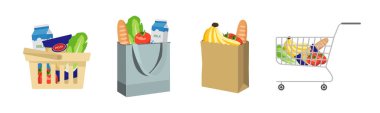 Çizgi film tarzında alışveriş torbaları. Sepetler, torbalar, kese kağıtları, farklı ürünleri olan el arabaları, süt, makarna, domates, lahana, muz ve ekmek temsilcisi.