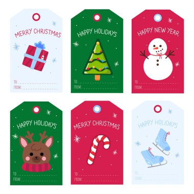 Çizgi film stili hediye etiketleri. Bir hediye, bir ağaç, bir kardan adam, bir geyik, bir şeker kamışı, patenler, yazıtlar: Mutlu Noeller, mutlu yıllar, mutlu yıllar..