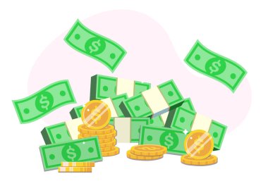 Büyük bir yığın yeşil dolar ve bir yığın altın paranın vektör çizimi. Güzel servetin ve kârın olduğu karikatür sahneleri, bir yığın para ve beyaz arka planda izole edilmiş bir yığın para..