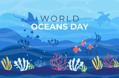 Dünya Okyanusu 'nun arka planı. Dalgalar, baloncuklar, balıklar, farklı renkli algler, mercanlar, deniz kaplumbağaları, vatoz, Dünya okyanusları günü yazıtları olan güzel bir mavi denizin vektör çizimi.