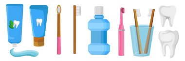 Çizgi film tarzında diş fırçalama seti. Bardaktaki diş fırçalarının vektör çizimi, diş macunu, gargara, elektronik diş fırçası, beyaz arka plandaki dişler..