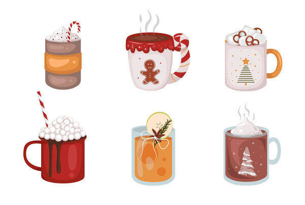 Set of delicious winter drinks in cartoon style. Vector illustration of warming drinks in Christmas mugs with various additives on white background.