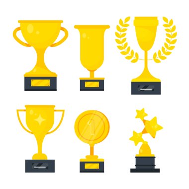 Çizgi film tarzında ödüllendirmek için bir dizi altın kupa. Beyaz arka planda izole edilmiş, birinci, yıldız, şöhret gibi farklı altın ödüllerin vektör illüstrasyonu. Spor ödülleri..