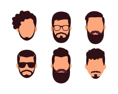 Çizgi film tarzında erkek başları. Çeşitli saç stilleri olan erkek başlarının vektör çizimi, bıyıklı kısa ve uzun sakallar, beyaz arkaplanda koyu ve açık renkli gözlüklü gözlükler..