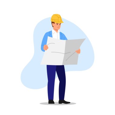 Bir inşaat mühendisinin vektör çizimi. Beyaz arka planda izole edilmiş bir bina planı tutan sarı şapkalı bir inşaat işçisinin karikatür sahnesi. Mimar.