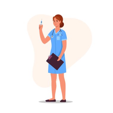 Güzel bir hemşire kızın vektör çizimi. Mavi ceketli hemşire sahnesi, boynunda steteskop, hastaya iğne yapmak için elinde şırınga, beyaz arka planda izole edilmiş kağıt..
