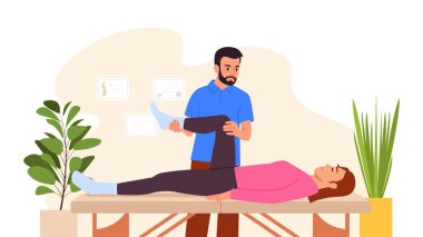 Bir osteopat doktorun vektör çizimi. Kanepede yatan bir kızın karikatür sahnesi, kas hareketlerini kontrol eden bir osteopat, saksıda bitkiler, beyaz bir arka planda izole edilmiş duvarda sertifikalar..
