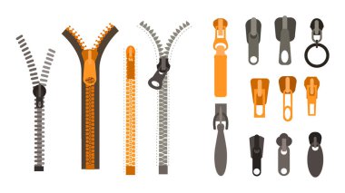 Çizgi film tarzı kıyafetler için şık bağcıklar ve fermuarlar. Giysiler için farklı kapalı ve açık fermuarların vektör çizimi, beyaz arkaplanda izole edilmiş altın ve gümüş.