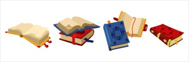 Güzel klasik kitapların vektör çizimi. Beyaz arka planda izole edilmiş değerli taşlarla süslenmiş eski renkli kitapların karikatür sahnesi. Açık ve kapalı kitaplar..