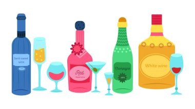 Çizgi film tarzında bir dizi alkollü içki. Şişelerin ve bardakların leziz içkilerle gösterimi: yarı tatlı şarap, kırmızı tatlı şarap, şampanya, beyaz arka planda izole edilmiş beyaz şarap.