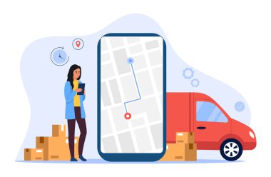 Kargo taşımacılığının vektör çizimi. Tablet tutan bir kızın karikatür sahnesi, bir şehirden hedefe bir nokta resmi olan bir akıllı telefon, bir paket teslim edilecek, karton kutular..