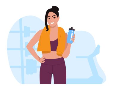 Spor yapan gülümseyen bir kızın vektör çizimi. Spor kıyafetleri giymiş, elinde su şişesi, dambılı spor salonu, beyaz arka planda izole edilmiş koşu bandı..