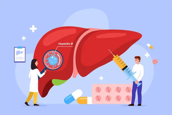 Hepatit B virüsünün karaciğer hasarının vektör çizimi. Karaciğerin hepatit B virüsü tarafından tedavi edildiği karikatür sahnesi. Boğa büyüteci, şırınga, mavi arka planda izole edilmiş haplar..