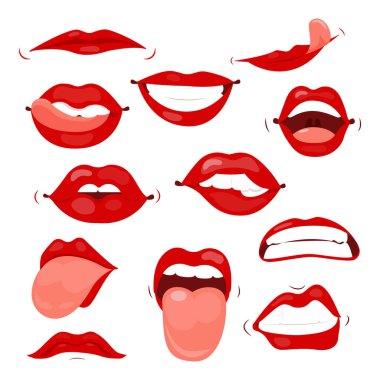 Çizgi film tarzında farklı duyguları ifade eden baştan çıkarıcı dudaklar. Kar beyazı gülüşlü, ısıran dudaklı, beyaz arka planda izole edilmiş dili gösteren güzel kırmızı dudakların vektör çizimi..
