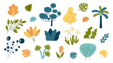 Çizgi film tarzında pastel gölgeli bitkilerin güzel elementleri. Renkli bitkilerin vektör çizimi: ağaçlar, çalılar, dallar, yapraklar, çiçekler, beyaz arka planda izole edilmiş böğürtlenler.