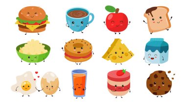 Çizgi film tarzında bir kawai yemeği takımı. Duyguları olan karakterlerin vektör çizimi: Hamburger, çay, elma, sandviç, bir tabak yulaf lapası, simit, peynir, süt, yumurta, meyve suyu, panna cotta, kurabiye.