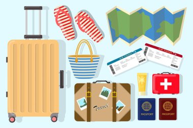 Çizgi film tarzında seyahat unsurları. Güzel simgelerin vektör çizimi: bavul, parmak arası terlikler, biletler, harita, plaj çantası, bavul, güneş kremi, açık mavi arkaplanda izole edilmiş ilk yardım çantası.