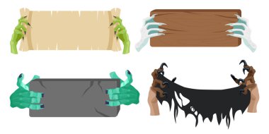 Çizgi film tarzında farklı tabelalar tutan bir grup karakter. Cadı elleri, papirüs tutan pençeli canavarlar, tahta tabletler, taş, yırtık paçavra. Cadılar Bayramı.