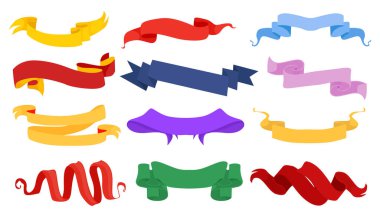 Çizgi film tarzında güzel ve kıvrımlı kurdele afişleri. Afişler, logolar, beyaz arka planda izole edilmiş farklı şekil ve boyutlar için zarif renkli kurdelelerin vektör çizimi. Teyp şablonları.