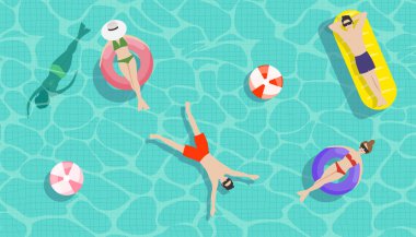 Yüzme havuzunun en üst görüntüsünün vektör çizimi. Temiz su ile çizgi film sahnesi, mayo, güneş gözlüğü, şapka, yüzme ve güneş banyosu, şişme daireler, güneşlenme yatakları, toplar..