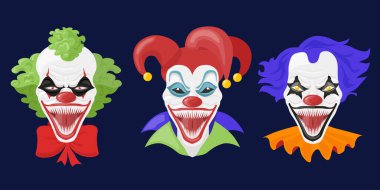 Çizgi film tarzında korkunç palyaçolar. Pençeleri, çenesi, kötü suratlı, kepi, renkli: yeşil ve mavi saçlı, kırmızı burunlu, beyaz arkaplanda izole edilmiş korkunç palyaçoların vektör çizimi. Canavar palyaço..