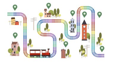 Trenli çocukların oyun geçmişinin vektör çizimi. Raylı, trenli, yol tabelalı, klasik evlerin, bankların, saatlerin, sokak ışıklarının, ağaçların olduğu kıvrımlı bir tren yolunun çizgi film manzarası..