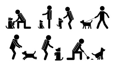 Çizgi film tarzında evcil hayvan bakım sembolleri. Bir köpeğe bakan kişinin grafik simgelerinin vektör çizimi: bir pençe verir, trenler verir, komut verir, yürür, oynar, beyaz bir arkaplanda izole edilmiş bir şekilde temizlik yapar.