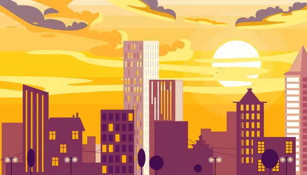 Günbatımı veya gündoğumu ile güzel bir şehir manzarasının vektör çizimi. Modern yüksek binaların karikatür görüntüleri, camlarında güneş ışığı yansıyan gökdelenler, bulutlar, güneş, lamba direkleri, ağaçlar..